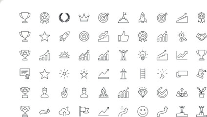 Set of success and achievement icons, including trophies, stars, and charts