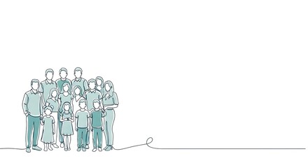 Large family or community group continuous line art on white background, unity concept.
