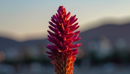 Vibrant pink flower spike against blurred mountain backdrop, illuminated by soft sunset light
