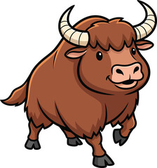 A cheerful brown cartoon yak with shaggy fur large curved horns and a friendly smiling expression.