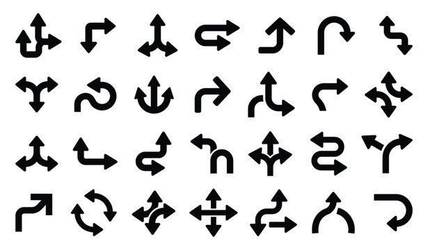 Road way direction arrow sign. Road navigation arrows. Driving direction mark, location point crossroad circle turning route black pictograms.