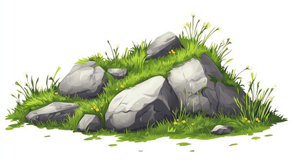 Cartoon hill with grass patches and small rocks, white background