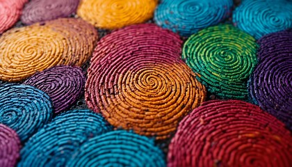 Close up of colorful textured spiral patterns forming a vibrant abstract surface artwork