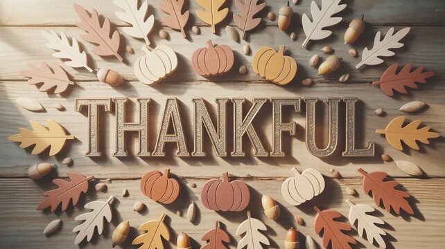 Autumn Thankful Flat Lay with Wooden Letters, Pumpkins, Leaves, and Acorns in Warm Seasonal Arrangement on Rustic Wooden Background Representing Gratitude, Fall Decor, and Harvest Theme - Powered by Adobe