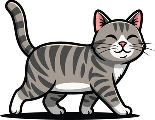 A cheerful grey tabby cat with white paws walking with a content smiling expression.
