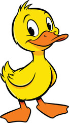 A cheerful yellow cartoon duckling with a friendly smile and large expressive eyes.