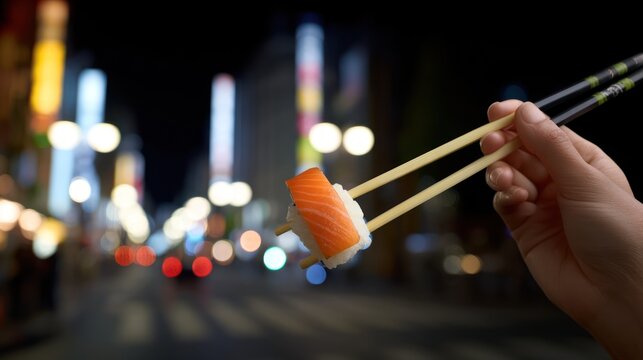 Sushi roll held in chopsticks against blurred city lights at night