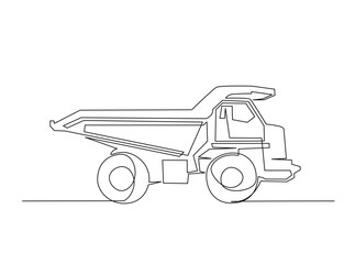 Continuous line art drawing of big mining dump truck. Mining Haul Truck in single outline illustration.