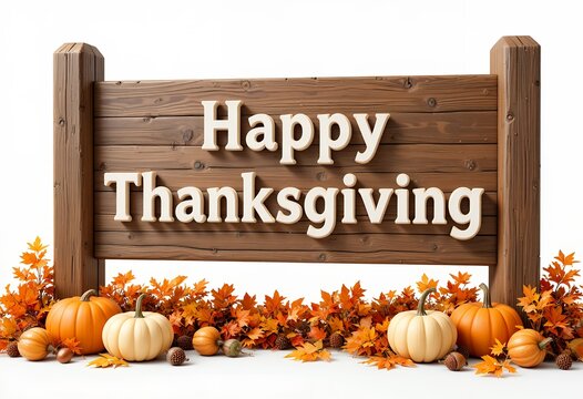 festive autumn thanksgiving wooden sign decorated with pumpkins and colorful fall leaves on white