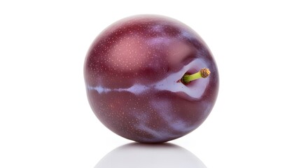 Single ripe plum with stem isolated on white background