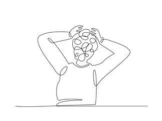Continuous line art drawing of confusing and stressed person. Man in depression, stressed, headach draw in single outline illustration.