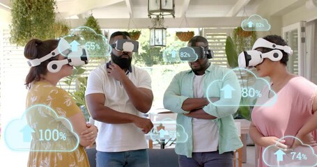 Four adults with VR headsets, center-left tapping, causing tech HUD syncing percent values to 100% - Powered by Adobe