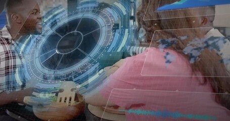 Woman in pink reaching plate as friends passing food, HUD centering over table for social dining