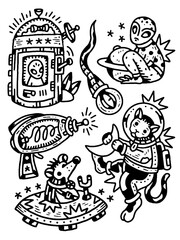 Dark retro-futuristic space animals, alien doodle aesthetic