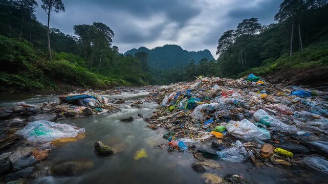 A shocking display of plastic waste and garbage chokes a pristine river flowing through a lush green jungle, illustrating severe environmental degradation and the global pollution crisis
