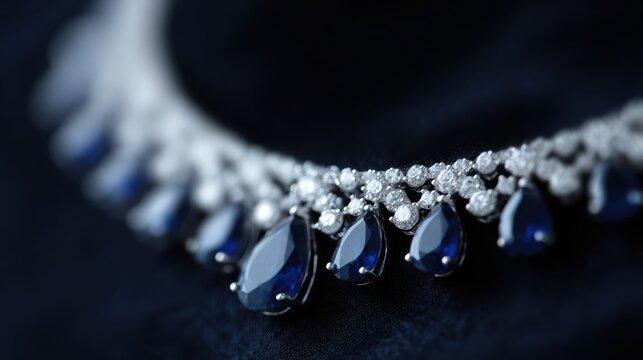 Close-up of diamond and sapphire necklace, high-end jewelry, exquisite gemstone design - Powered by Adobe