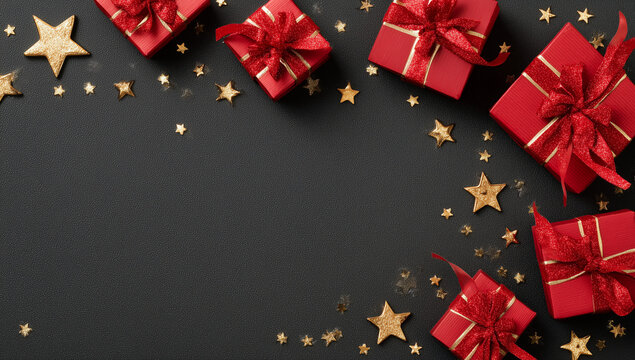 Black background with red gift boxes and golden stars with space for text, banner design. Christmas or new year celebration concept. - Powered by Adobe
