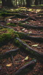 Fototapeta premium Forest floor with moss-covered tree roots and fallen leaves 