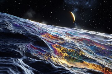 A deep blue night sky with the moon and stars over a dark ocean water landscape