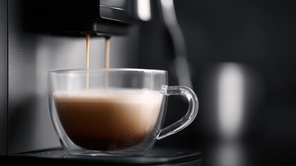 Fototapeta premium Automated coffee machine dispensing espresso into transparent mug, beverage for breakfast