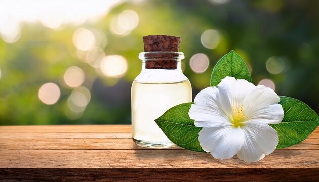 serene purity clear glass bottle with cork fresh white flower and green leaf on wooden tabletop ideal for wellness spa and natural beauty concepts