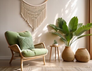 cozy minimalist interior with a comfortable chair green cushion macrame wall art and soft natural light creating a serene and inviting home sanctuary