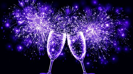Champagne glasses clinking at midnight countdown with glowing fireworks and festive holiday celebration