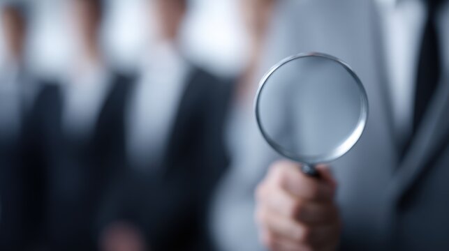 Human resources recruitment concept, person holding magnifying glass over candidate photo among group of professionals in suits