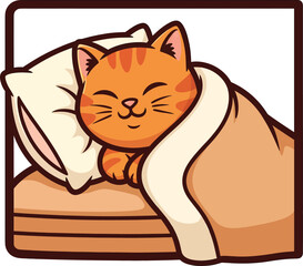 A cute cartoon orange tabby cat sleeping soundly in bed with a happy peaceful expression.