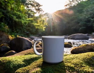 Obraz premium a plain white mug sits atop a bed of smooth stones surrounded by lush greenery and a gentle river flowing nearby the sunlight casts a warm glow inviting relaxation