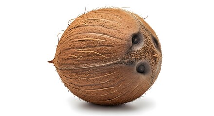 Whole coconut with brown fibrous husk isolated on white background.