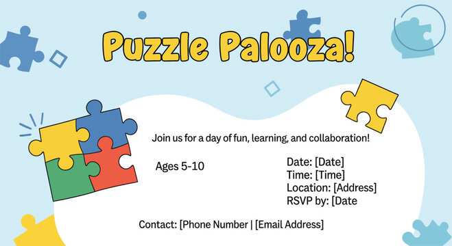 Puzzle Palooza Invitation for Kids Ages 5-10 with Event Details children