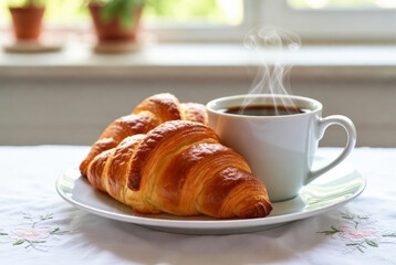 Breakfast with fresh croissants and a cup of black coffee