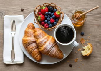 Breakfast with fresh croissants and a cup of black coffee