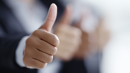 Business team giving thumbs up, close-up, representing support, agreement, and reaching targets