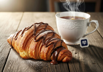 Chocolate croissant with cup of teon table