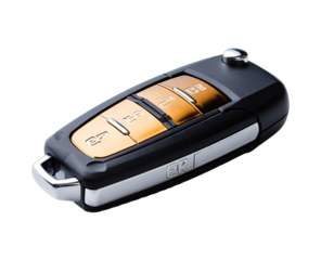 Modern Car Key Fob with Orange Buttons and Chrome Accents on a Black Background Isolated for Easy Use and Security