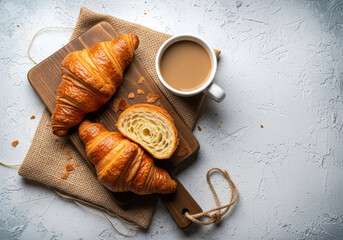 Croissants with coffee, wooden piece flat lay on plaster and piece of sack