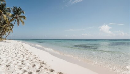 Fototapeta premium A serene tropical beach with white sand, clear turquoise water, and palm trees swaying in the wind
