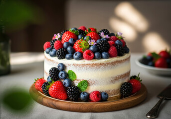 Delicious cake with forest fruits composition