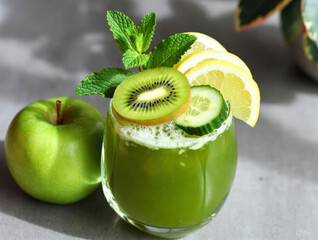 Green detox juice with green apple, kiwi, cucumber, mint and lemon