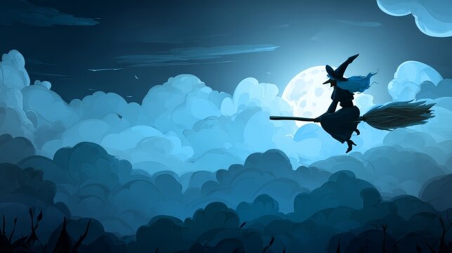 Halloween witch flying on broomstick across moonlit sky with spooky festive night atmosphere