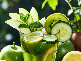 Green detox juice with green apple, kiwi, cucumber, mint and lemon