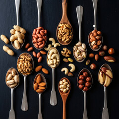 Different fresh nuts peanuts and other nuts on spoons on dark surface