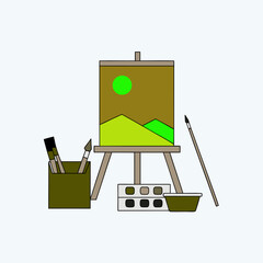 Art school. Painting on canvas, art palette, brushes and easel isolated on white background. Eps file. 
