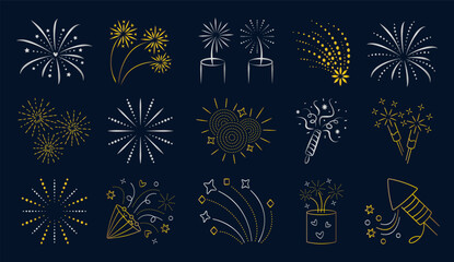 Gold and silver fireworks icon set. Sparklers and firecrackers gradient shiny line pictograms. Salute and sparkle golden and chrome signs. Vector collection