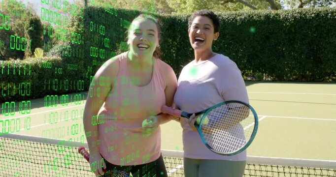 Two women posing on break at tennis net, digital overlay appearing and showing sports racket, ball - Powered by Adobe