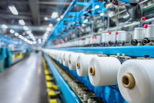 Interior view of a busy textile factory with spinning machines creating cotton threads for sustainable fabric production