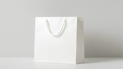 White blank flat-handle paper gift bag, 3D mockup, isolated with gusseted sides and eyelet handles, realistic template for design