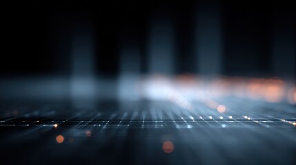 Futuristic technology background with glowing digital grid, data analytics, AI, and blockchain visualization, 3D render